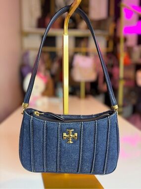 Tory Burch Kira Mini Denim Shoulder Bag Navy Gold Logo Quilted RARE handbag